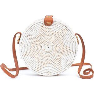 Women's White Round Rattan Handmade Straw Wicker Circle Cross Body Boho Bags